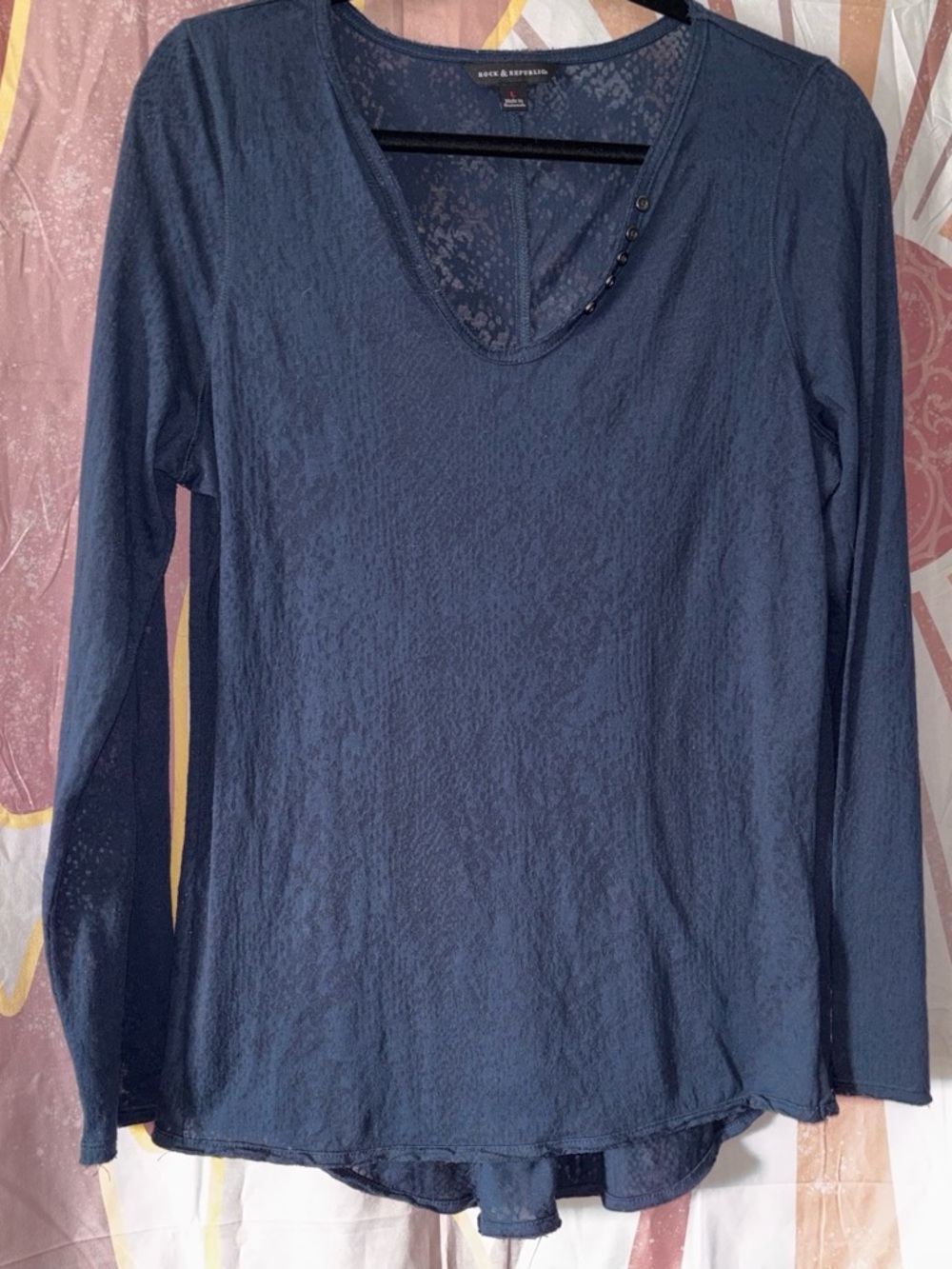 Rock & Republic Navy Long-Sleeve V-Neck Top frayed details on stitching neck